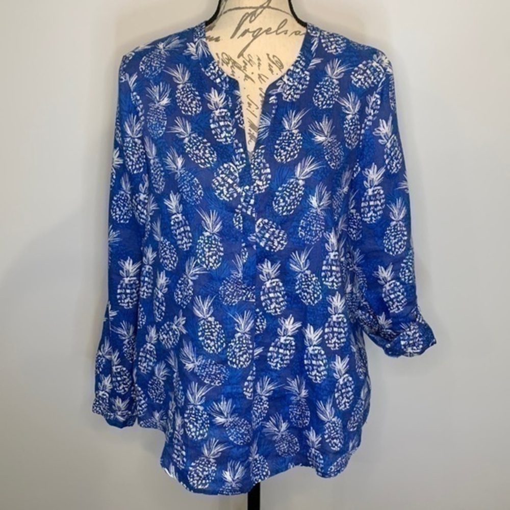 Zozo linen pineapple print roll tab popover top M